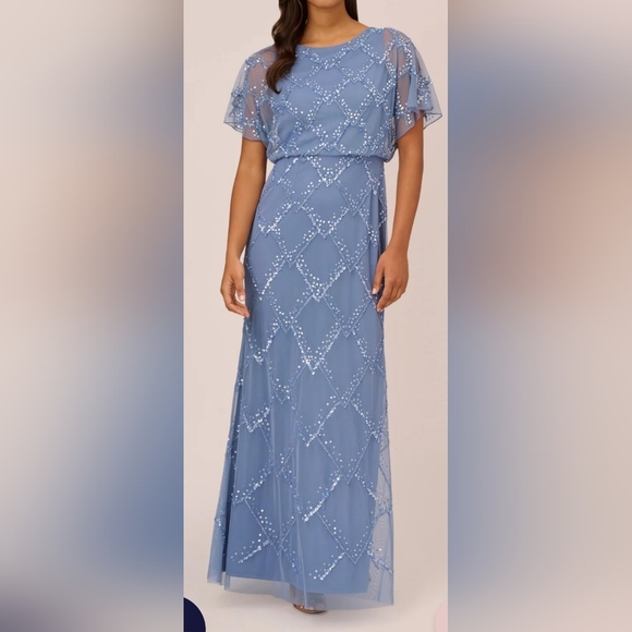 Adrianna Papell Hand-Beaded Blouson Long Gown With Flutter Sleeves Size 12 New - Picture 1 of 9